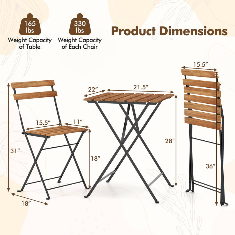 Giantex 3-Piece Acacia Wood Bistro Set with 2 Folding Chairs, Slatted Seat & Tabletop