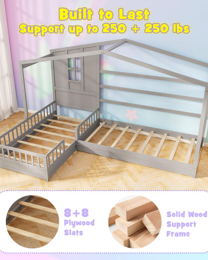 Giantex Double Twin Beds for Kids, House L-Shaped Platform Beds with Window & Fences