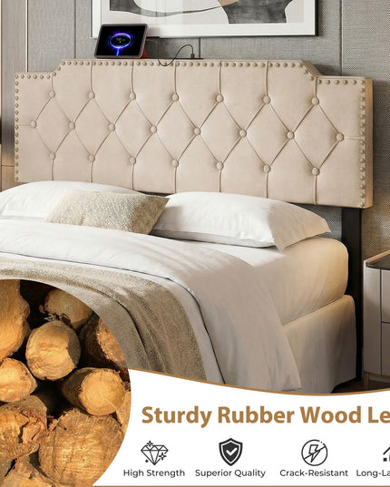 Giantex Headboard with Charging Station Queen/Full Size Rivet Tufted Upholstered（Riveted Diamond Tufting with Charging）