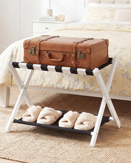 Giantex Folding Luggage Rack | Solid Rubber Wood Suitcase Stand with Storage Shelves (1/2)