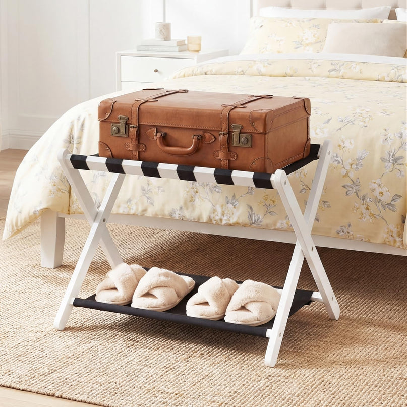 Giantex Folding Luggage Rack | Solid Rubber Wood Suitcase Stand with Storage Shelves (1/2)