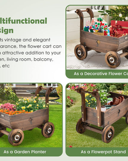 Giantex Wooden Wagon Planter Raised Bed on Wheels, Handle, Drainage Hole