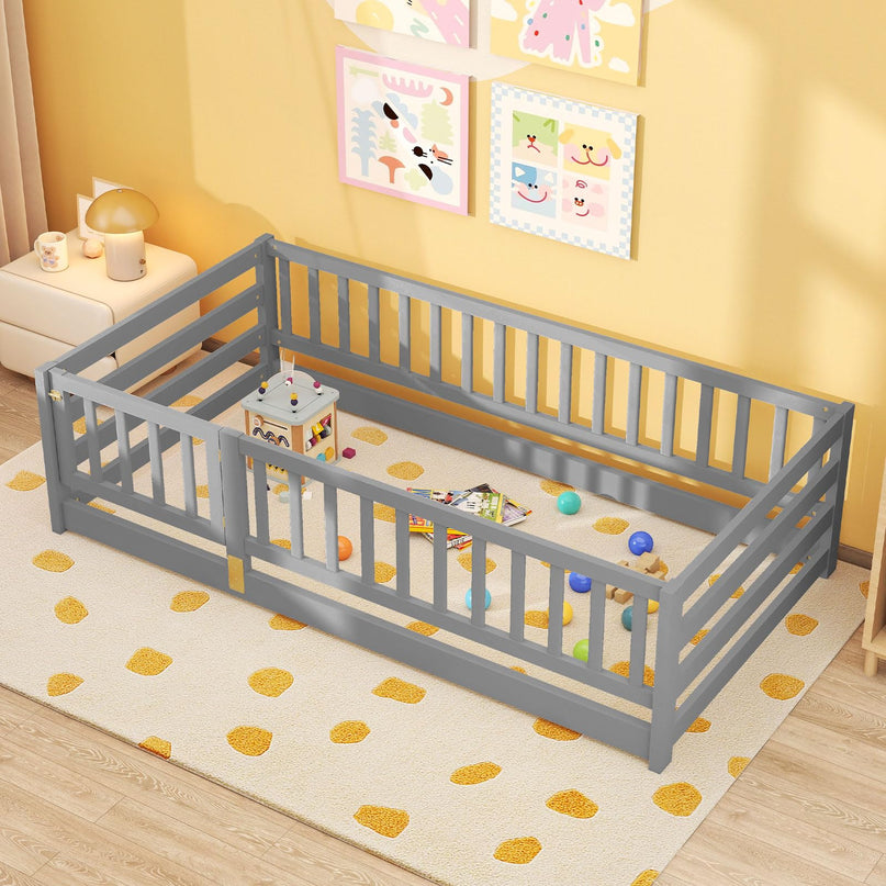Giantex Twin Floor Bed with High Fence & Door