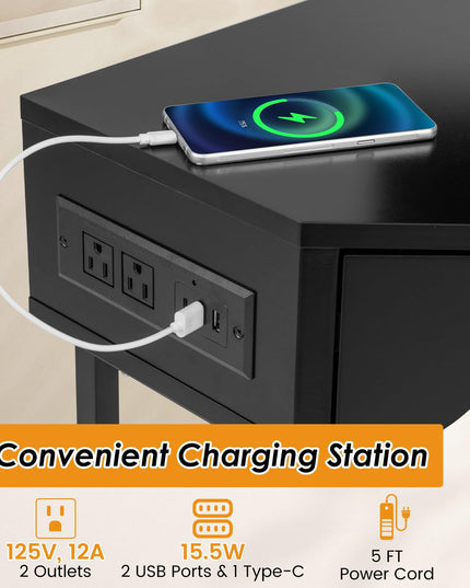 Giantex Corner Desk with Charging Station, 90 Degree Triangle Computer Desk with 2 Drawers & Storage Shelf