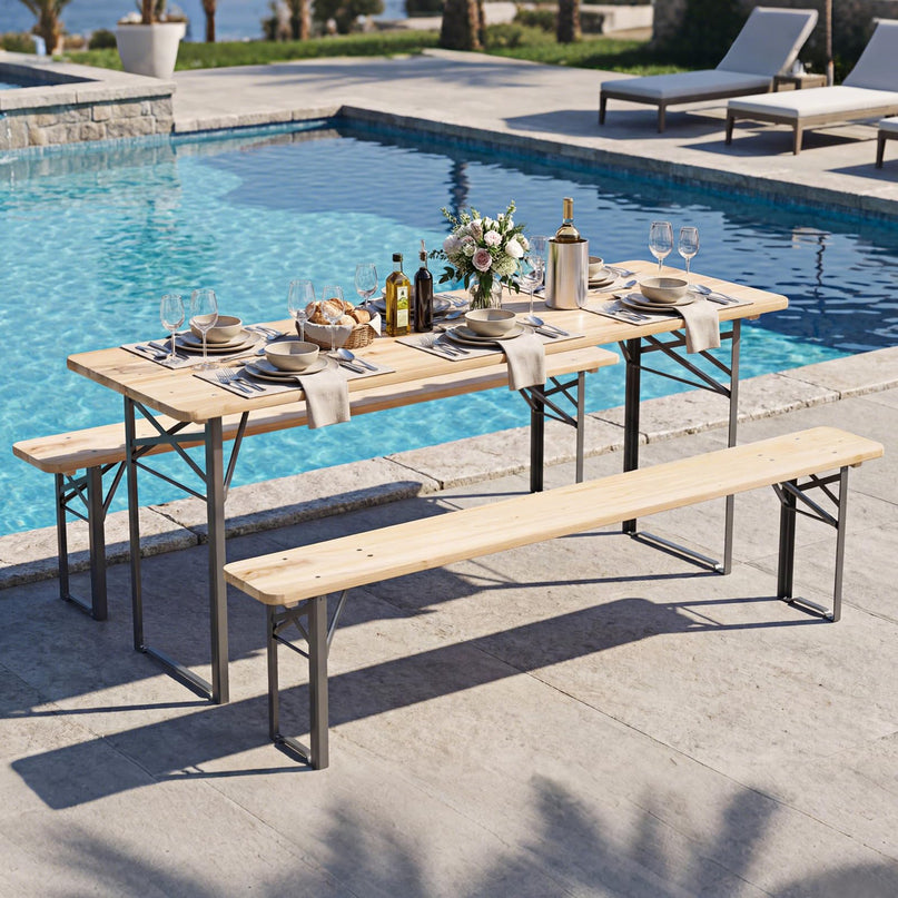 Table de pique-nique pliante 3 pièces Giantex en bois massif avec bancs pour 4 (178 cm)