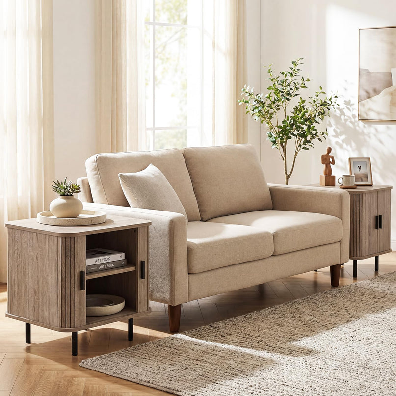 Table de chevet moderne de style Mid-Century Giantex 61 cm avec portes coulissantes cannelées et étagères de rangement