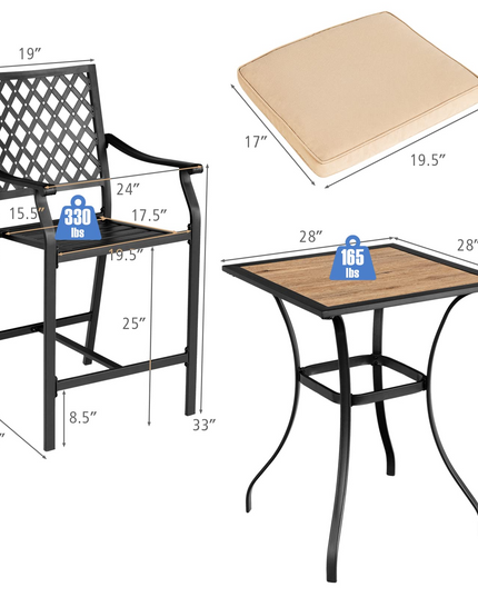 3 Piece Patio Bar Table Set Outdoor Square Bistro Bar Table High Chairs with Cushion Metal Stool