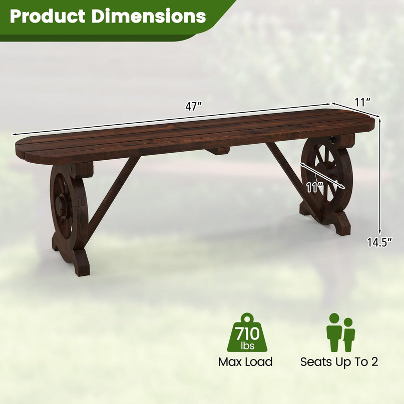 Giantex 2-Person Wooden Outdoor Bench - Patio Bench w/Wagon Wheel Legs