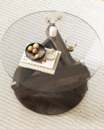 Giantex 32 Inch Modern Center Table with Clear Tempered Glass Top & Solid Wood Legs