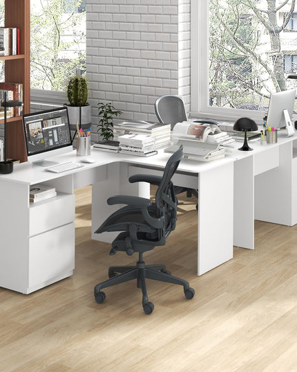 Giantex L Shaped Computer Desk with Drawers, 59" Corner Desk Workstation with Storage Shelf & Cable Holes