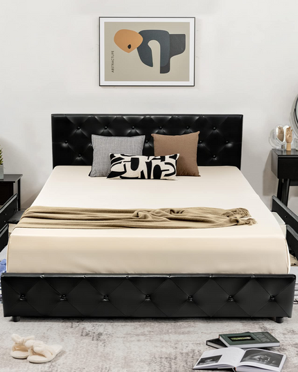 Upholstered PU Leather Platform Bed Frame w/ 4 Storage Drawers, Adjustable Headboard & Solid Wooden Slats