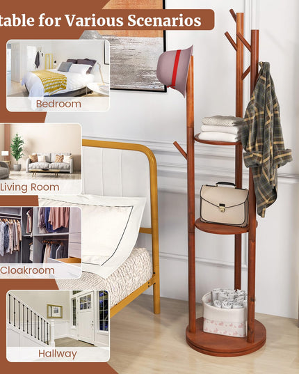 Giantex Coat Rack Freestanding, Wooden Rotary Coat Tree w/ 3 Display Storage Shelves & 9 Hooks