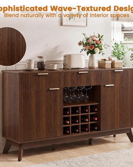 GIANTEX 60" Fluted Wine Bar Cabinet with 3 Stoarge Drawers & Wine Rack