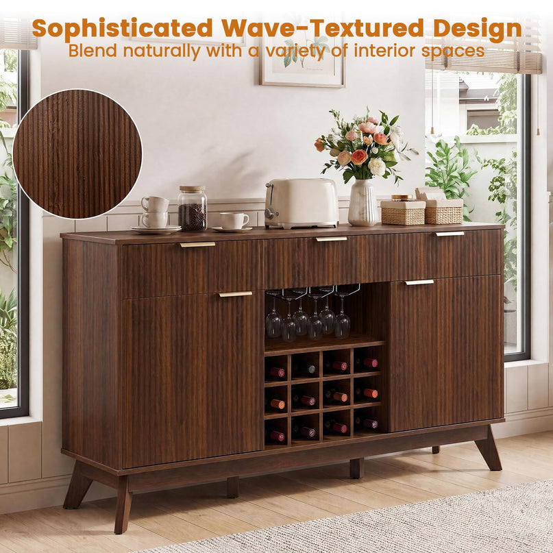 GIANTEX 60" Fluted Wine Bar Cabinet with 3 Stoarge Drawers & Wine Rack