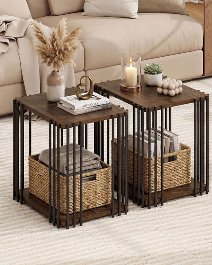 Giantex Table d'appoint en bois à 2 niveaux, lot de 1/2 avec étagères de rangement ouvertes et cadre en métal unique