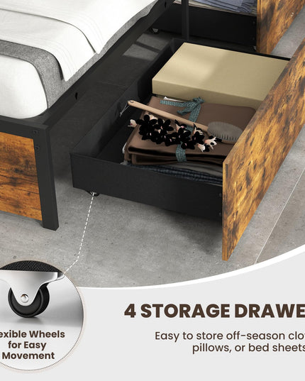 Giantex LED Bed Frame with Charging Station, Metal Platform Bed with Upholstered Headboard & 4 Storage Drawers