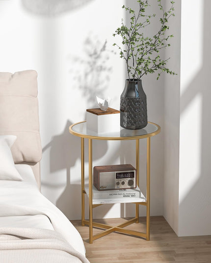 Giantex Glass End Table Set of 2, Round Side Table with Faux Marble Storage Shelf and Glass Top, Gold