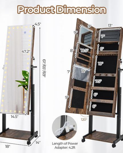 CHARMAID Jewelry Cabinet Armoire with LED Full Length Mirror, 3 Adjustable Heights, up to 69 inches