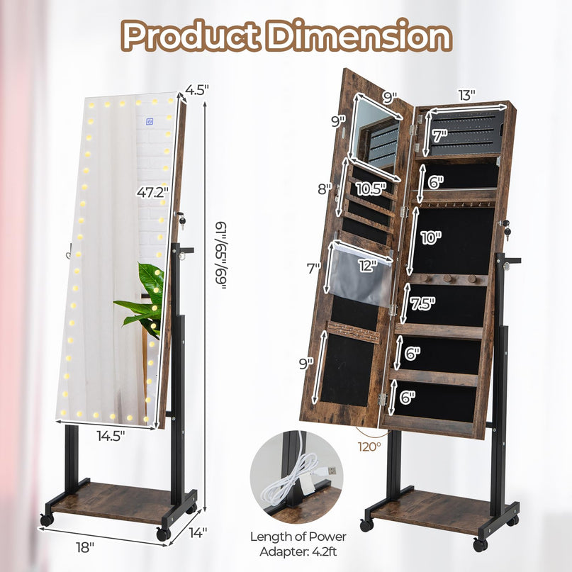 CHARMAID Jewelry Cabinet Armoire with LED Full Length Mirror, 3 Adjustable Heights, up to 69 inches