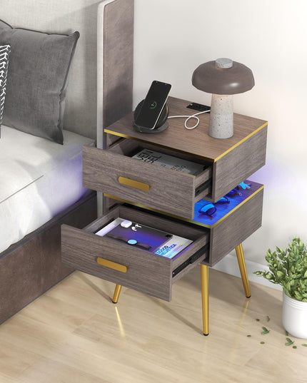 Giantex Nightstand with Charging Station & LED Lights, 28.5" Bedside Table with 2 Drawers