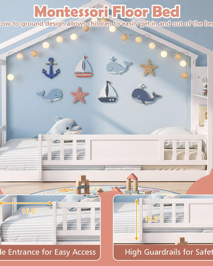 GIANTEX Twin Montessori Floor Bed with Storage Bookshelf & Safety Guardrail