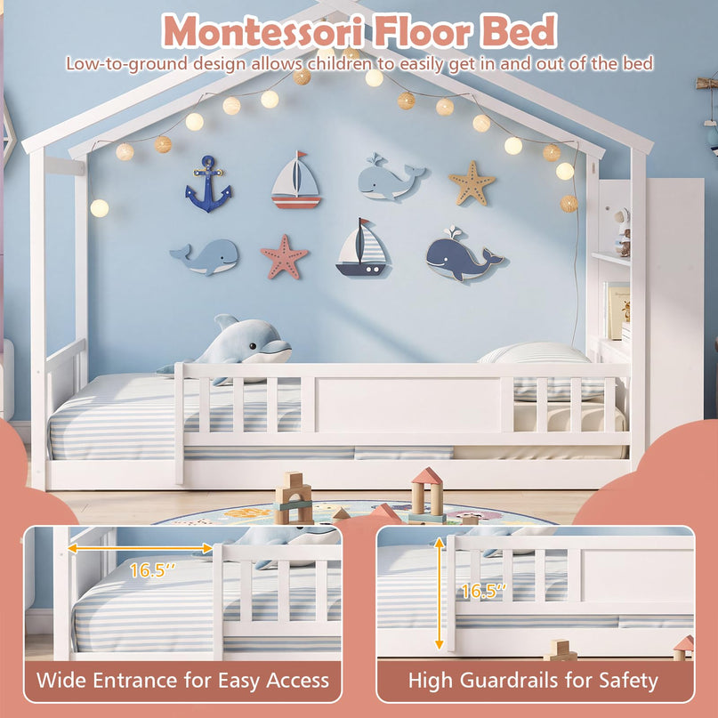 GIANTEX Twin Montessori Floor Bed with Storage Bookshelf & Safety Guardrail