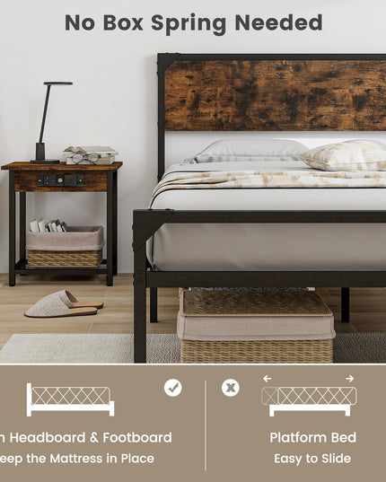 Giantex Full Size Bed Frame with Rustic Headboard & Footboard, Strong Metal Slat Support Mattress Foundation