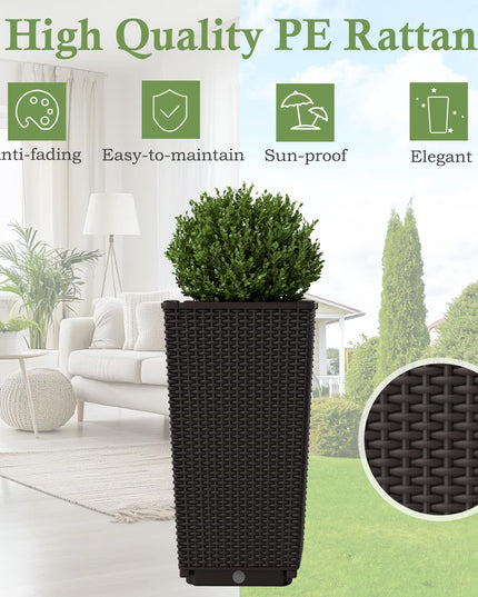 Giantex Set of 2 Outdoor Wicker Flower Pot, 23 Inch Tall Planters with Drainage Hole, Self-Watering Tray