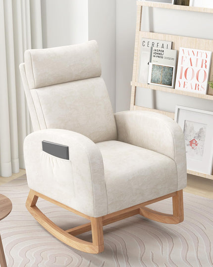 Giantex Fauteuil à bascule en chenille rembourré avec cadre en bois d'hévéa naturel