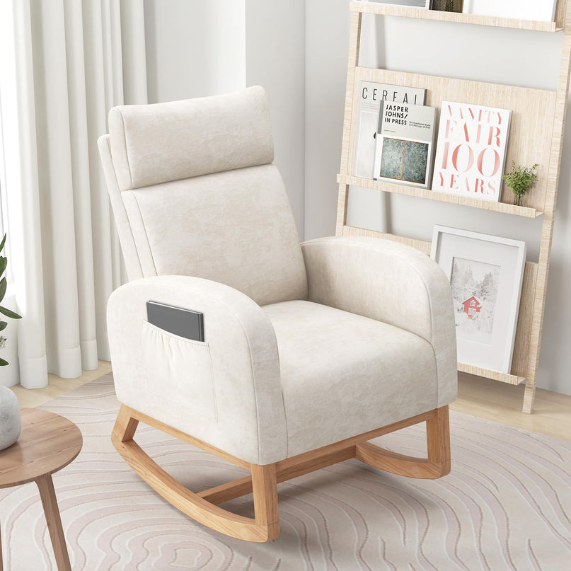 Giantex Rocking Chair Upholstered Chenille Rocker Chair Natural Rubber Wood Frame