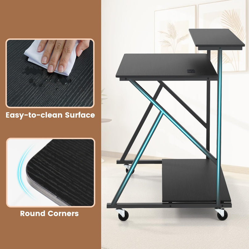 Giantex Rolling Computer Desk with Charging Station Monitor Stand & Storage Shelf