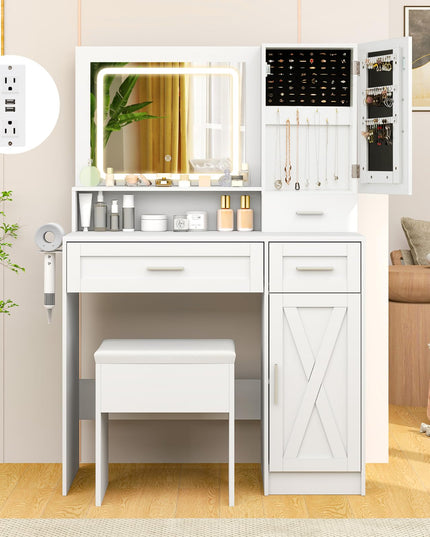 CHARMAID Vanity Desk with Mirror and Lights, Jewelry Storage Cabinet, Farmhouse White Makeup Vanity Desk with Charging Station
