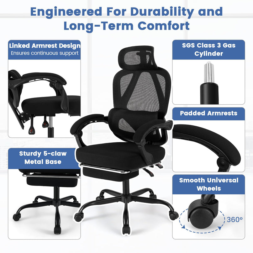 Giantex Ergonomic Desk Chair with Retractable Footrest 135° Tilting Backrest & Lumbar Support
