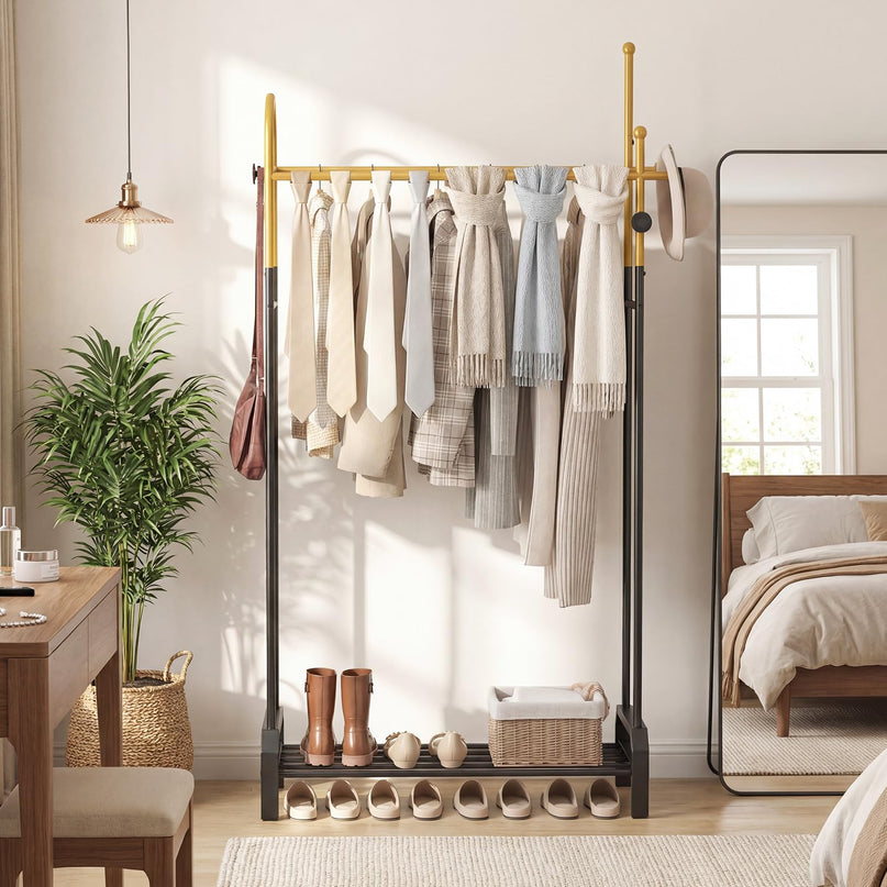Giantex Double Rod Clothing Rack | Freestanding Clothes Rack with 5 Coat Hooks