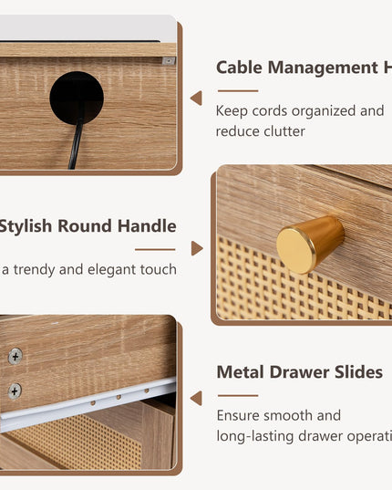 GIANTEX Rattan Nightstand with Charging Station for Bedroom