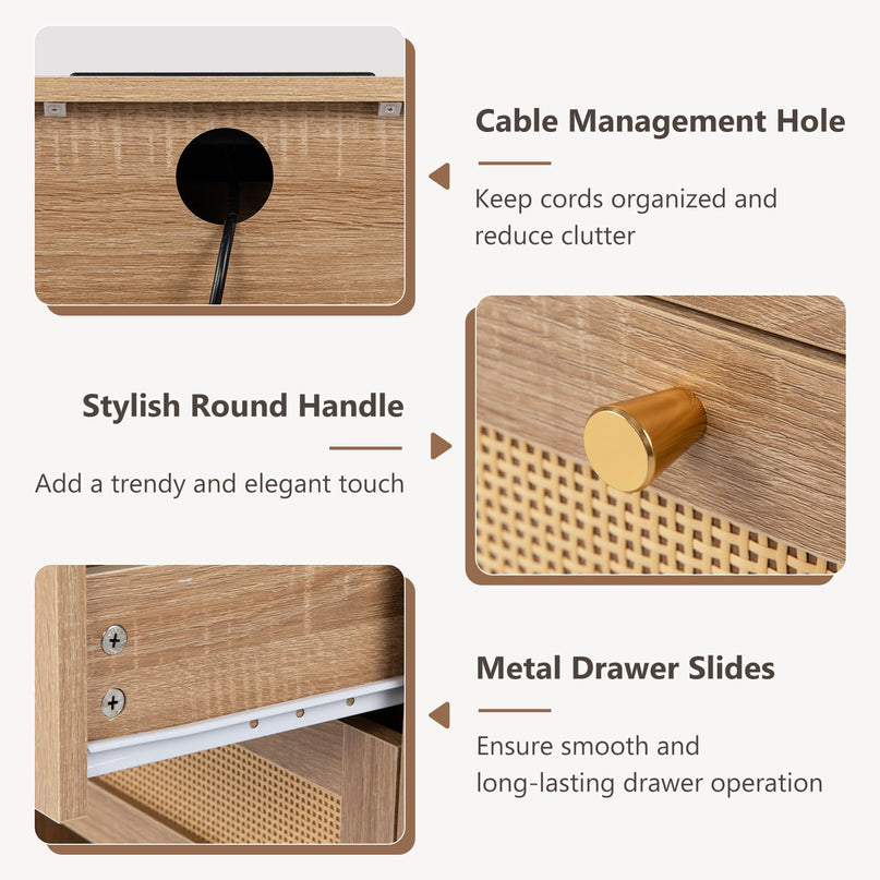 GIANTEX Rattan Nightstand with Charging Station for Bedroom