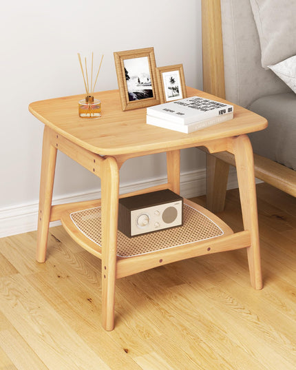 Giantex Rattan Side Table, Boho End Table with Storage Shelf, 2-Tier Bedside Table for Small Spaces