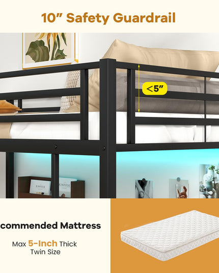 Giantex Twin Loft Bed with L-Shaped Desk, Metal Loft Bed Frame with LED Lights
