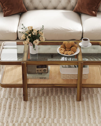 Giantex Rattan Coffee Table, 47.5" Rectangle Solid Wood Tea Table w/Tempered Glass Tabletop