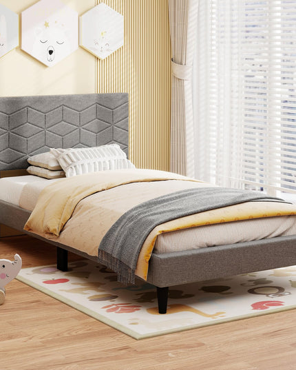Lit plateforme moderne Giantex avec tête de lit géométrique en tissu de lin | Pas besoin de sommier tapissier