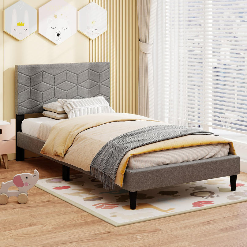 Giantex Modern Platform Bed with Linen Fabric Geometric Headboard | No Box Spring Needed