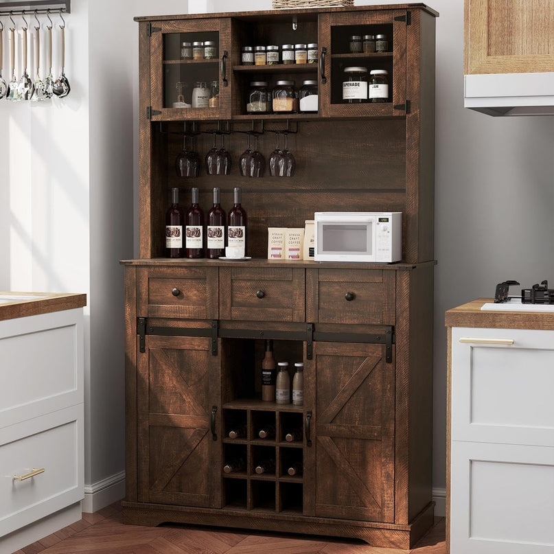Giantex 72" Farmhouse Coffee Bar Cabinet w/Glass Doors & Wine Racks