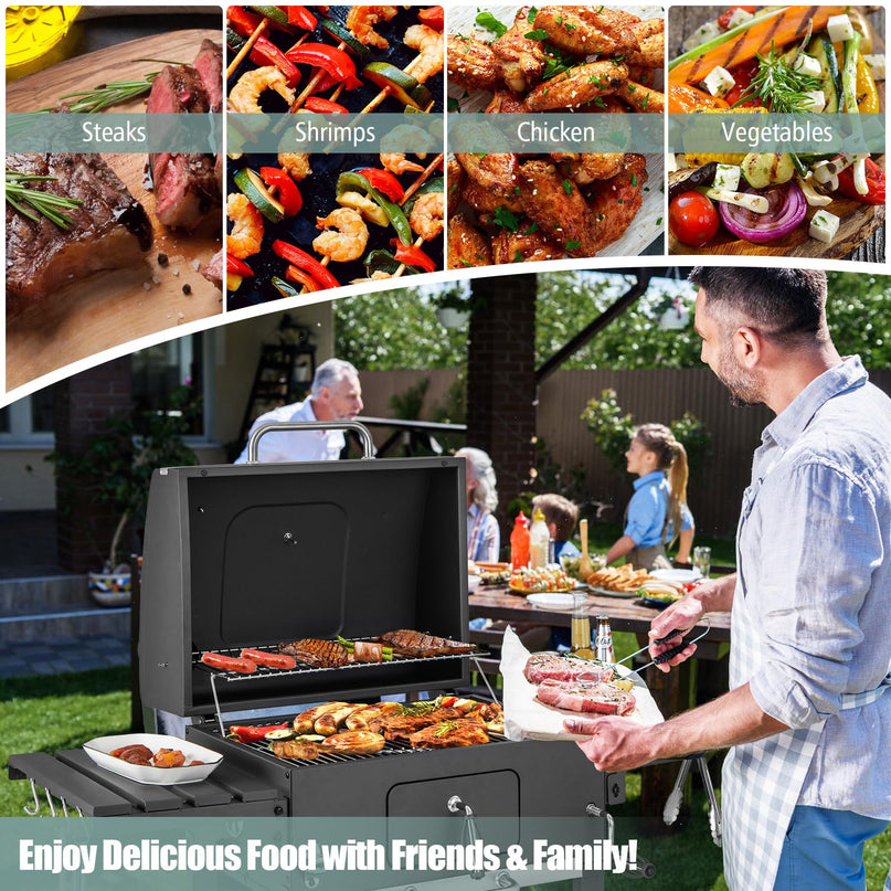 Giantex 24-Inch Charcoal Grill - 2 Foldable Side Tables, Bottom Storage Shelf, 8 Hooks, Adjustable Charcoal Tray