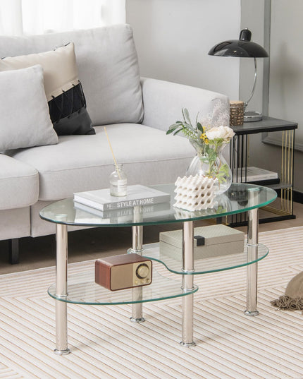 Giantex Oval Glass Coffee Table - 3-Tier Transparent Tempered Glass Center Table with Metal Stand, 35"× 20" ×18"