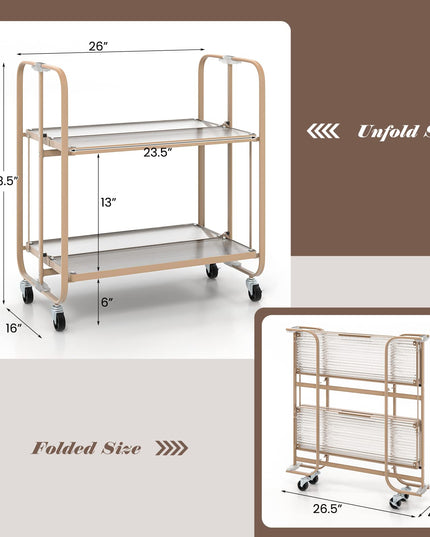 Giantex 2-Tier Mobile Serving Cart, Foldable Storage Cart on Wheels, Tempered Glass Shelf (Rose Gold)