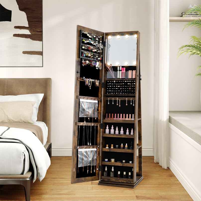 Swivel Jewelry Armoire with Full Length Mirror & Lighted Makeup Mirror