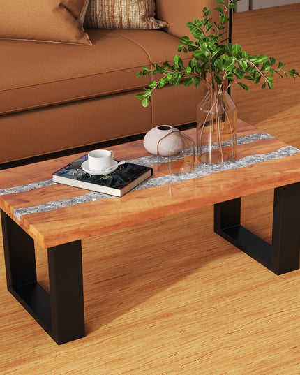 Giantex Teak Outdoor Coffee Table, Rectangular Resin Side Table with River Feel Epoxy Tabletop