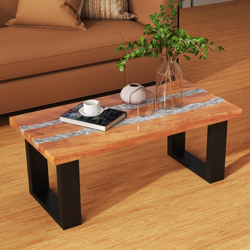 Giantex Teak Outdoor Coffee Table, Rectangular Resin Side Table with River Feel Epoxy Tabletop