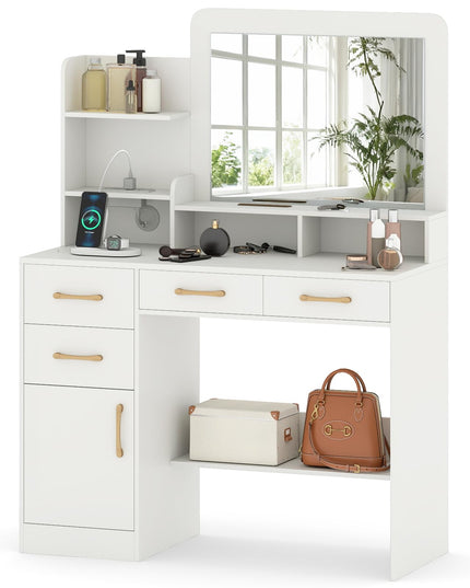 CHARMAID White Makeup Vanity Desk with Mirror & Charging Station