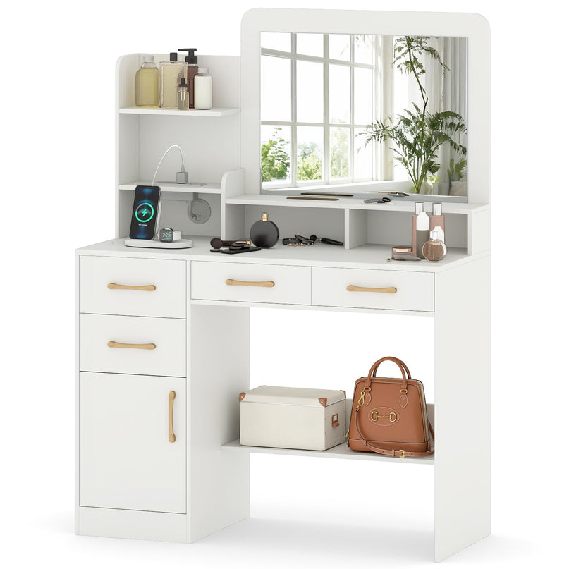 CHARMAID White Makeup Vanity Desk with Mirror & Charging Station